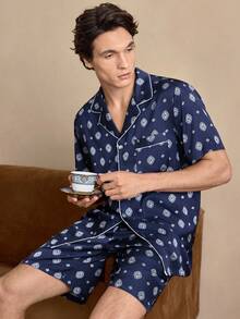 EverLounge Conjunto de pijama de camisa de manga corta de una sola hilera con estampado floral y pantalón para hombres - Multicolor - Ver 3