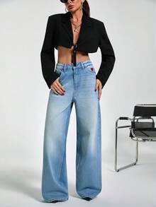EURMUSE Hıgh Waist Embroidery Detailed Wideleg Jean - Light Wash - View 2