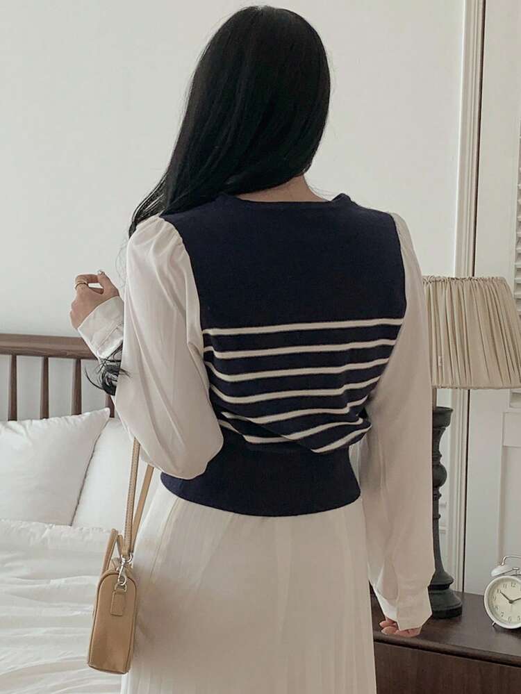 Patchwork Contrast Color Striped Round Neck Long Sleeve Casual Pullover Sweater For Women, Autumn/Winter