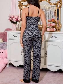 SHEIN Sweet Ins Colorblock Leopard Print & Lace Patchwork Women Pajama Set Leopard Print Pajama Set - Grey - View 2