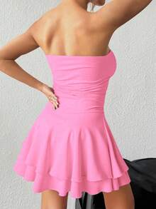 SHEIN PETITE Váy ngắn hở vai gợi cảm họa tiết da báo kèm chân váy xếp nếp nhiều lớp - Màu Hồng  San hô - Xem 2