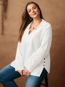 EMERY ROSE Plus Size Women's Winter Casual Commuter Plain Color Side Slit All White Casual Blouse Blouse Tops,Autumn/Winter,Winter For Women,Going Out,Fall For Women,Fall,2025 New,Casual Everyday Wear,Fall For Women,Winter Women,Comfortable And Breathable, V Neck Blouse, White Blouse Button Decoration,White Blouse,Soft And Comfortable,Breathable,Going Out,2025 New - White - View 6