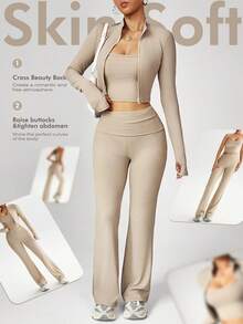 Dewbera Women's 3 PiecesYoga Workout Set, Casual Sexy Outdoor Running U-Neck Top, Comfortable Tummy Control Lifting Leggings, High Neck Tight Fit Long Sleeve Thumb Hole Jacket Beige Workout Set Ribbed Workout Set - Khaki - View 1