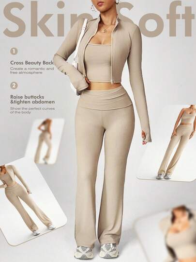 Dewbera Women's 3 PiecesYoga Workout Set, Casual Sexy Outdoor Running U-Neck Top, Comfortable Tummy Control Lifting Leggings, High Neck Tight Fit Long Sleeve Thumb Hole Jacket Beige Workout Set Ribbed Workout Set