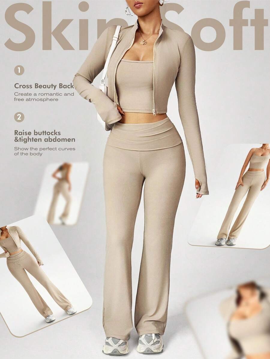 Dewbera Women's 3 PiecesYoga Workout Set, Casual Sexy Outdoor Running U-Neck Top, Comfortable Tummy Control Lifting Leggings, High Neck Tight Fit Long Sleeve Thumb Hole Jacket Beige Workout Set Ribbed Workout Set - Khaki - View 1