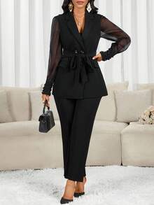 SHEIN Lady Women's Solid Color Mesh Patchwork Sheer Pocket Long Sleeve Blazer And Pants Suit Set In Fall/Winter - Black - View 3