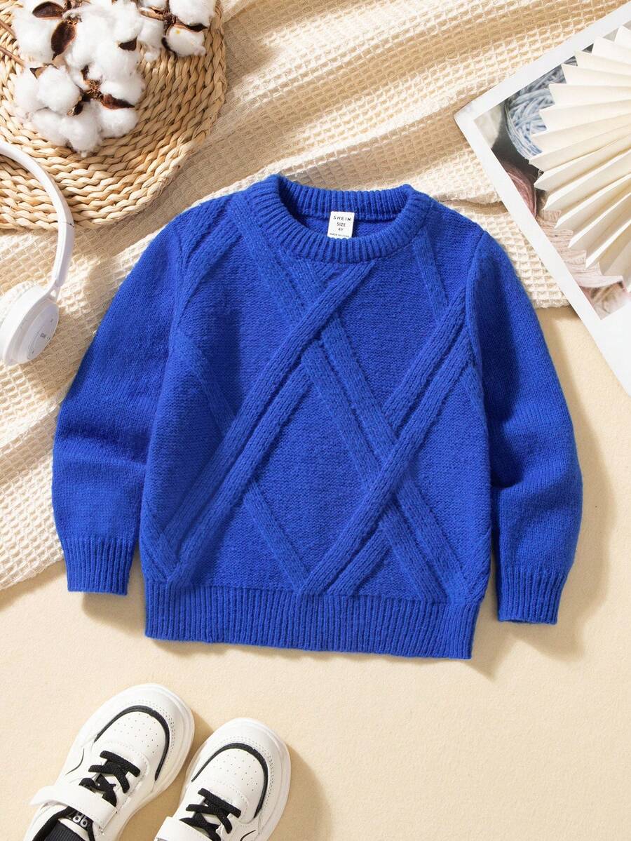 SHEIN 男童休闲纯色圆领长袖毛衣,秋冬 - 藍色 - 查看 1