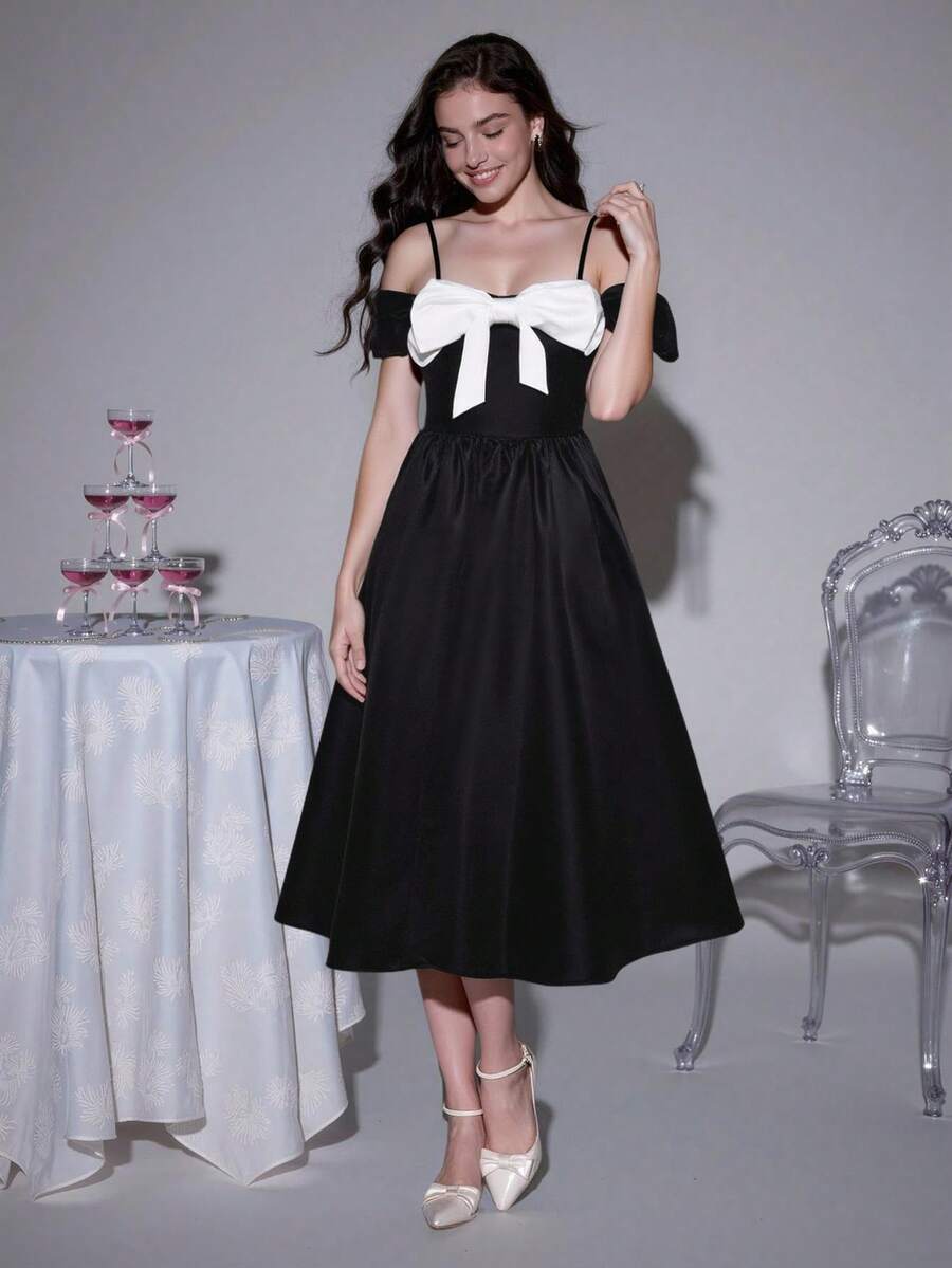 SHEIN MOD Damen Farbblock Off-Shoulder elegantes Kleid mit Schleifendekor in Mittellänge