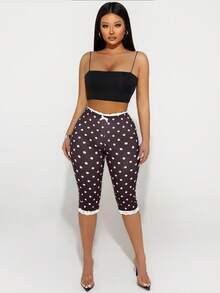 Sirith 女式蕾丝边蝴蝶结装饰黑白圆点打底裤 - 咖啡棕 - 查看 4