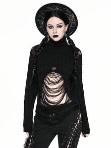 ROMWE Goth 女式哥特式破洞高领毛衣，万圣节 - 黑色 - 查看 6