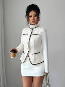 Selianne 女式优雅无袖背心夹克，单排扣缎带设计，秋季 - 白色 - 查看 4