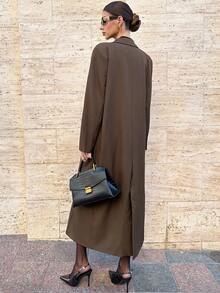 Lavishia 棕色抗皱面料长袖加长女士西装外套，秋冬通勤时尚 - 棕色 - 查看 2