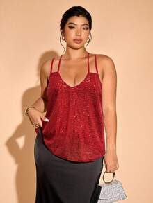 Cravure 加大码女式亮片优雅吊带背心舞会 - 紅色 - 查看 1