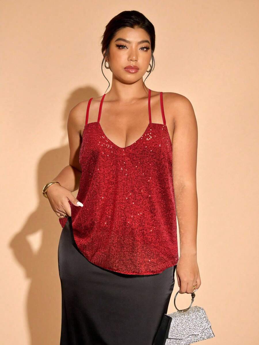 Cravure 加大码女式亮片优雅吊带背心舞会 - 紅色 - 查看 1