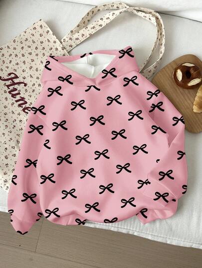 Cute Bow Print, Young Girls Casual Loose Fit Crew Neck Comfortable Everyday Knit Long Sleeve Sweatshirt,In Fall/Winter
