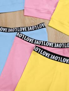 SHEIN 6pcs Young Girl Solid Color Knit Patchwork Letter Tape Sports Set - Blue - View 4