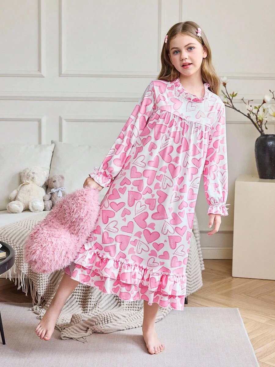 女童可爱荷叶边领口粉色心形印花甜美长袖睡袍 - 粉色 - 查看 1