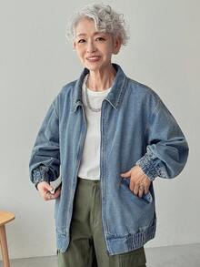 Áo khoác denim túi khóa kéo thường ngày dành cho nữ - Màu xanh lam - Xem 3