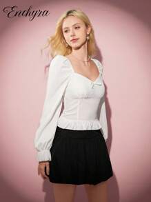 Teen Girl Casual Elegant Versatile White Long Sleeve Asymmetric Collar Blouse, Spring/Autumn - White - View 6