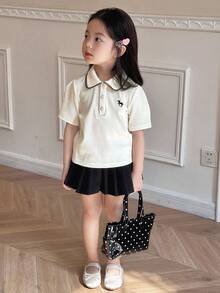 Dazy Kids 少女马匹印花 Polo 领短袖休闲 T 恤，女孩夏季服装