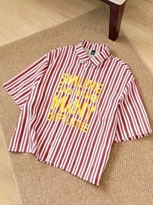 Manfinity VCAY Men's Woven Short Sleeve Vertical Striped Letter Print Fashionable Shirt - Red - View 1
