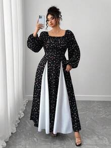 Elenzga Vestido longo plus size feminino com estampa floral gótica, casual, francês, romântico, elegante, cintura marcada, amarração frontal, gola quadrada, manga comprida, punho elástico - Multicolorido - Ver 4