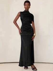 Aveloria Modichic European & American Style Khaki Elastic Fitted Asymmetric Round Neck Pleated Patchwork Mesh Sleeveless Dress For Women - Black - View 3