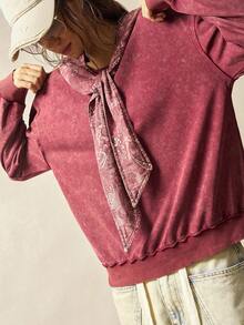 Bohemela Boho Paisley Print Hooded Casual Solid Color Washed Knit Sweatshirt For Women In Fall/Winter - Red - View 4