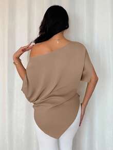 Rafferiza Elegant, Daily Casual And Versatile, Sexy Oblique Shoulder, Asymmetrical Design, Dropped Shoulder Sleeves, Waist Pleats, Green Women's Spring And Summer Tops, Shirts, Asymmetrical Shoulder Tops - Khaki - View 2