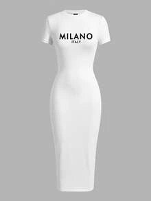 Slaydiva 休闲米兰风短袖圆领修身中长连衣裙，女士夏季款 - 白色 - 查看 3