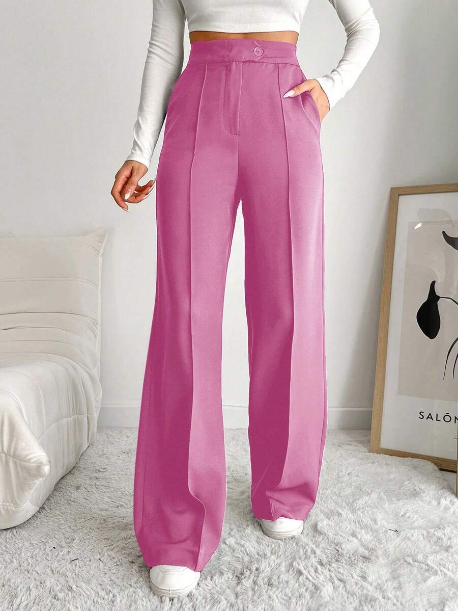 EURMUSE Women's Solid Color Seam Front Pocket Elegant Dress Pants - Pink - View 1