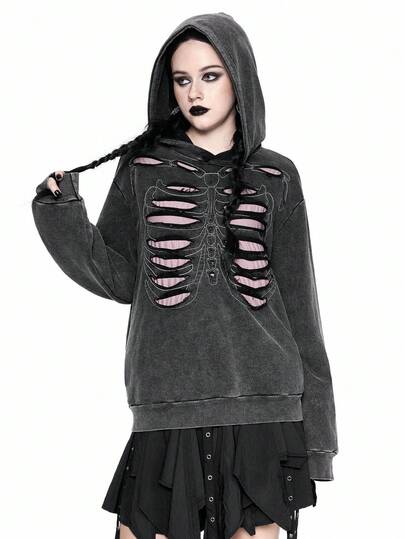 Halloween Gothic Distressed Hollow-Out Skull Print Hooded Long Sleeve Pocket Sweatshirt For Women