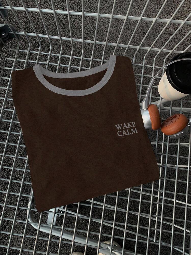 Color Block Letter Print Round Neck Casual Short Sleeve T-Shirt For Women