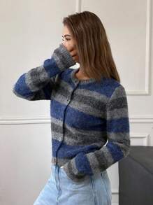 Áo len cardigan dài tay kẻ sọc dành cho nữ, mùa thu - Màu xanh hải quân - Xem 3