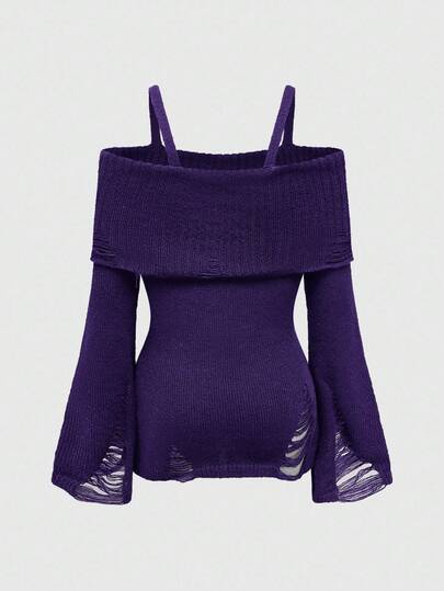 Goth Pull tricoté ajusté à l'épaule dénudée style punk déchiré