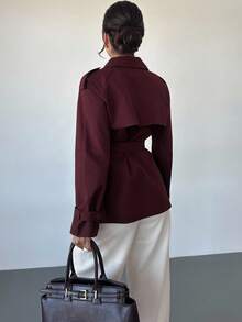 Firerie Women's Burgundy Lapel Long-Sleeved Double-Breasted Casual Trench Coat, Autumn And Winter Coat / Intellectual And Elegant Female / Daily Outing / Commuting Wear / Business Negotiations / Airport Wear,Fall - Burgundy - View 3