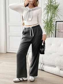 Teen Girls' Striped Loose Fit Pants With Belt - Dark Grey - View 6