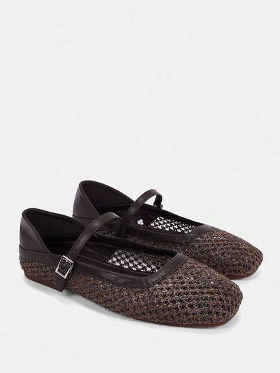 CUCCOO CURVES 女士户外圆头平底咖啡棕色编织网眼面料休闲舒适透气扣带大码平底鞋