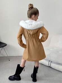 Tween Girl Patchwork Faux Fur Hooded Long Sleeve Cinched Waist Casual Jacket, Autumn/Winter Fall - Khaki - View 2