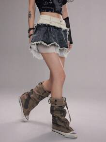 Coolane 女款夏季 Y2K 街头风复古网眼牛仔脏脏拼布裁剪工艺褶皱低腰迷你裙 - 深灰色 - 查看 4