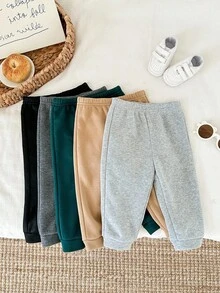 SHEIN 5 件套男婴纯色针织松紧腰裤，百搭慢跑运动裤多件装，秋冬