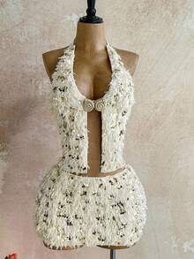 Soleia 新款针织毛绒亮片露背系带上衣 + 低腰迷你裙，适合派对、约会、情人节、复活节、狂欢节、下午茶、海滩邮轮度假、城市街头度假、秋冬分层、波西米亚风、波西米亚风、浪漫花卉、度假、花卉 - 米色 - 查看 6