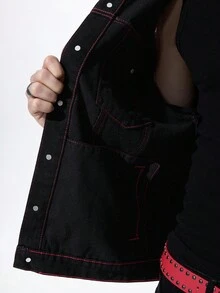 ROMWE MEN Grunge Punk Men's Dark Casual Style Front Button Long Sleeve Cross Denim Jacket Halloween - Black - View 8