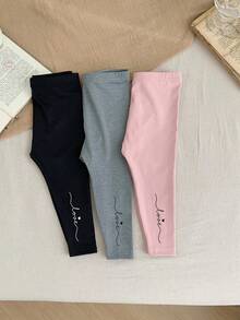 SHEIN LMoss Kids 女婴 LMoss 弹力腰字母印花休闲打底裤，秋冬季时尚百搭打底裤，印花款式 - 彩色 - 查看 1