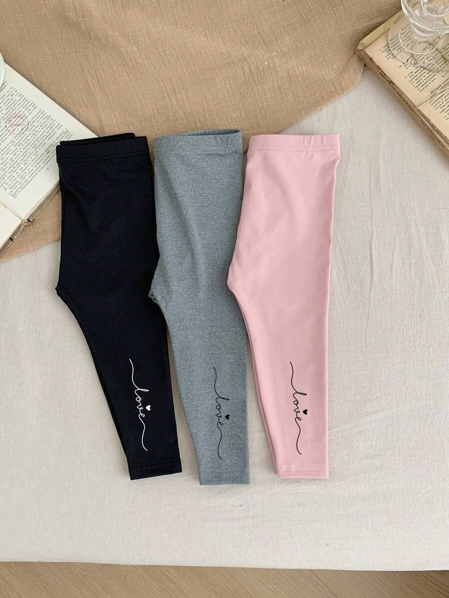 SHEIN LMoss Kids 女婴 LMoss 弹力腰字母印花休闲打底裤，秋冬季时尚百搭打底裤，印花款式 - 彩色 - 查看 1