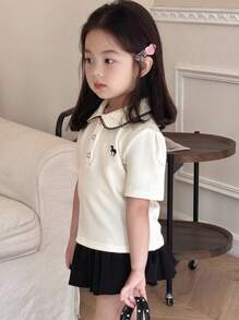 Dazy Kids 少女马匹印花 Polo 领短袖休闲 T 恤，女孩夏季服装