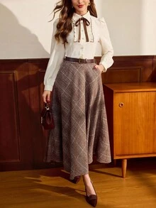 SHEIN DECDS 女士复古优雅撞色滚边蝴蝶结纽扣休闲衬衫，适合工作、度假、秋冬季节穿着的优雅衬衫 - 米色 - 查看 4