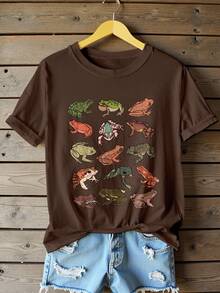 Aesthetic Countryside Style Frog Graphic T-Shirt, Women's Round Neck Short Sleeve Casual Top, Suitable For Everyday Wear