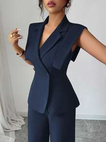 Elenzga Women's Elegant Casual Suit Set With Collared Sleeveless Blouse And Elastic Waist Pants, Suitable For Work, Vacation, Afternoon Tea, Party, Spring/Summer - Navy Blue - View 5