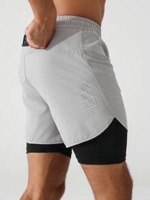 Acti Log Manfinity Fitness 男士抽绳腰二合一运动弹力短裤带手机口袋健身短裤男士短裤男式篮球短裤洗手液学校 - 灰色 - 查看 2